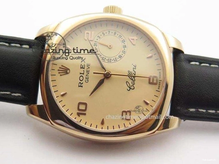 A2824 Cellini Markers Numeral Leather Date RG Rose Black Dial On Gold Strap 0721